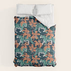 Tigers in a tiger lily garden // textured navy blue background spearmint green wild animals papaya orange flowers Comforter Gallery Image 6