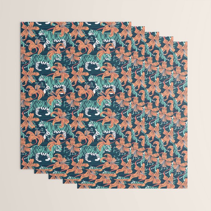 Tigers in a tiger lily garden // textured navy blue background spearmint green wild animals papaya orange flowers Wrapping Paper Gallery Image 3
