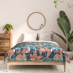 Tigers in a tiger lily garden // textured navy blue background spearmint green wild animals papaya orange flowers Comforter Gallery Image 3