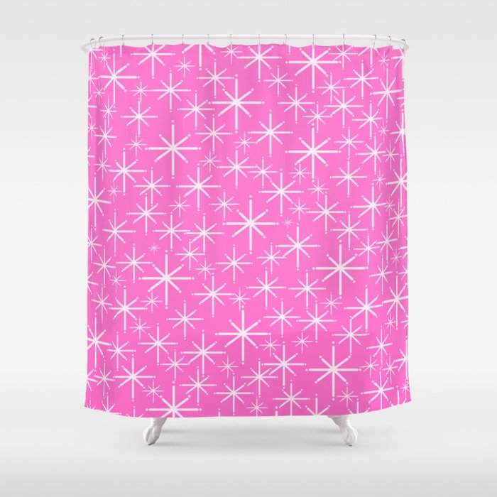 Bright Pink Mid Century Modern Twinkling Stars Retro Atomic Pattern Shower Curtain Gallery Image 1