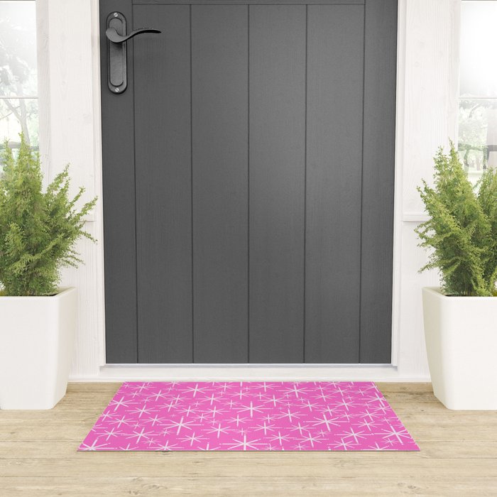 Bright Pink Mid Century Modern Twinkling Stars Retro Atomic Pattern Welcome Mat Gallery Image 3