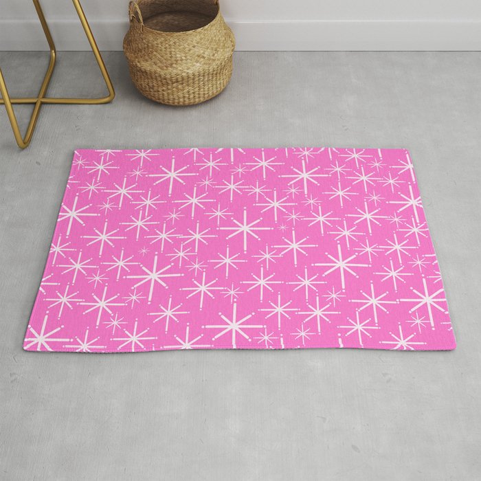 Bright Pink Mid Century Modern Twinkling Stars Retro Atomic Pattern Rug Gallery Image 1