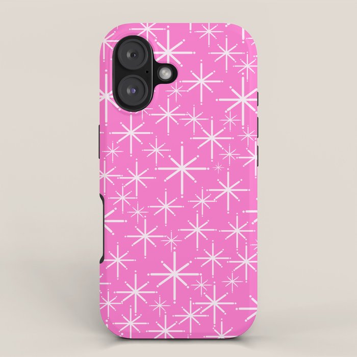 Bright Pink Mid Century Modern Twinkling Stars Retro Atomic Pattern iPhone Case Gallery Image 1