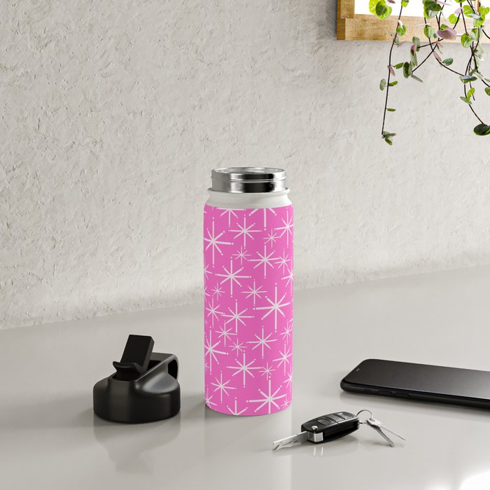 Bright Pink Mid Century Modern Twinkling Stars Retro Atomic Pattern Water Bottle Gallery Image 4