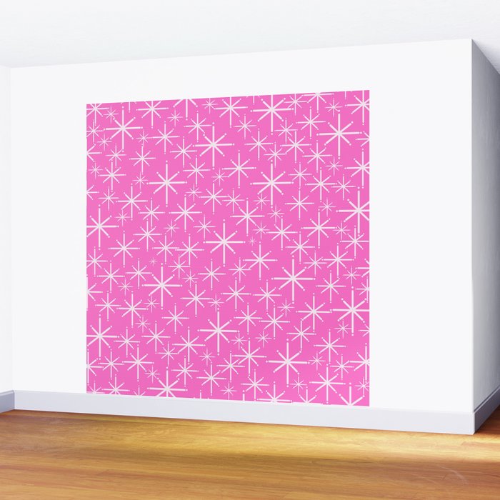 Bright Pink Mid Century Modern Twinkling Stars Retro Atomic Pattern Wall Mural Gallery Image 2
