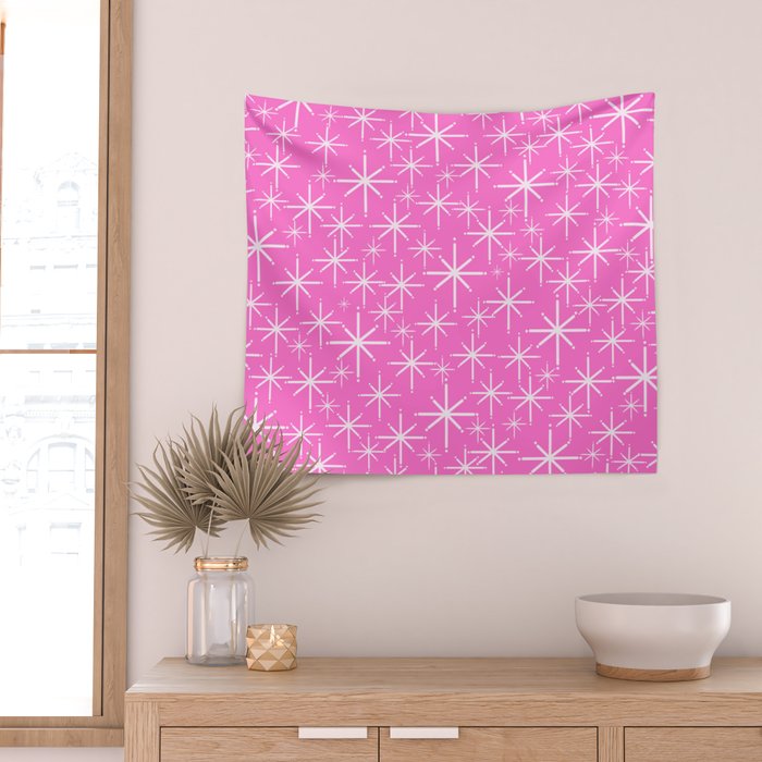 Bright Pink Mid Century Modern Twinkling Stars Retro Atomic Pattern Wall Tapestry Gallery Image 2