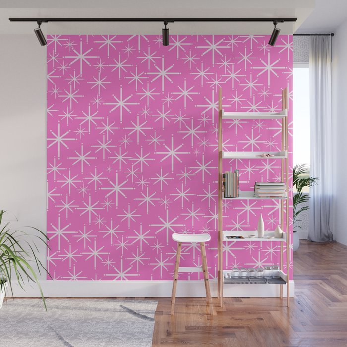 Bright Pink Mid Century Modern Twinkling Stars Retro Atomic Pattern Wall Mural Gallery Image 1