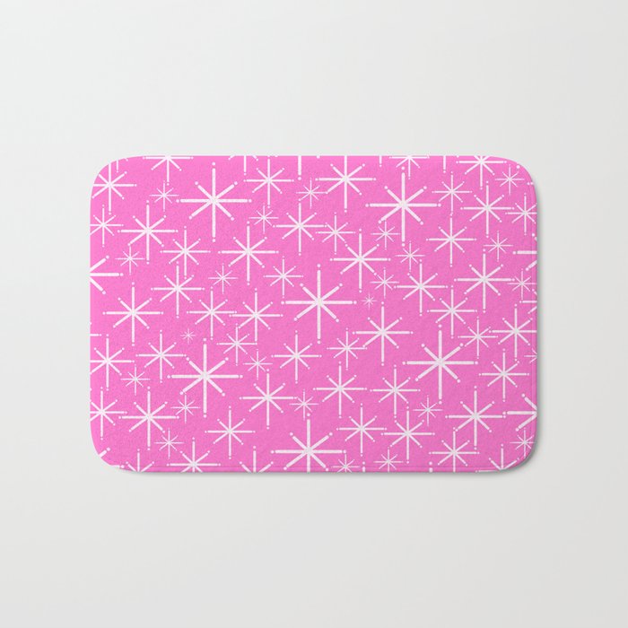 Bright Pink Mid Century Modern Twinkling Stars Retro Atomic Pattern Bath Mat Gallery Image 1