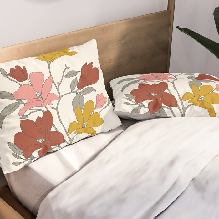 Colorful Minimal Line Art Magnolia Pillow Sham Gallery Image 2