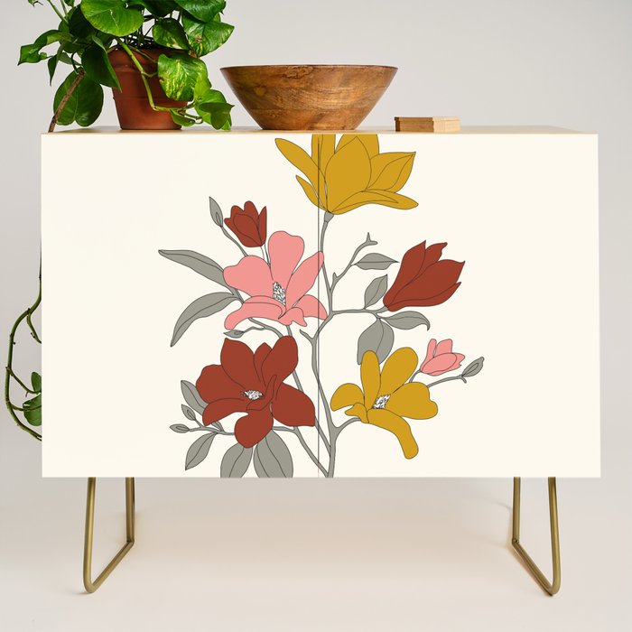 Colorful Minimal Line Art Magnolia Credenza Gallery Image 1
