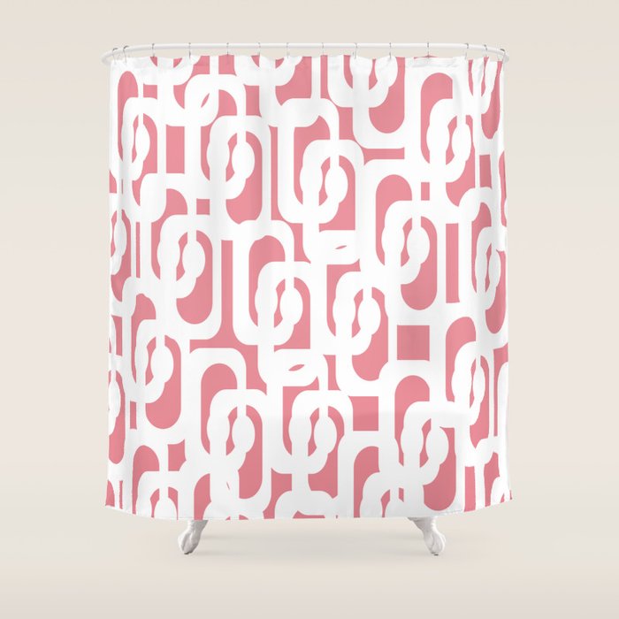 Mid Century Modern Loops Pattern in White on Pink Shower Curtain Gallery Image 1