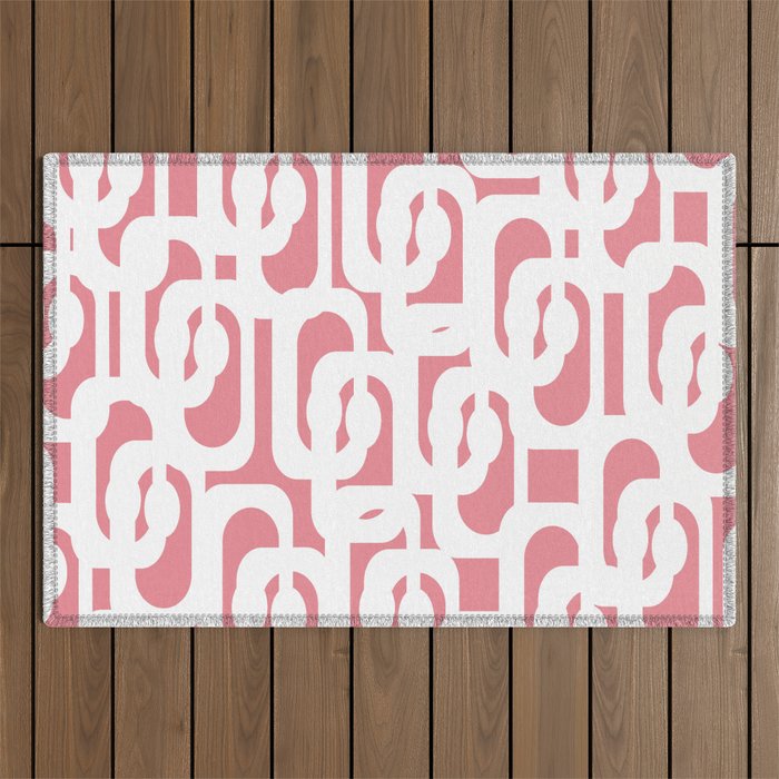 Mid Century Modern Loops Pattern in White on Pink Outdoor Rug Gallery Image 1