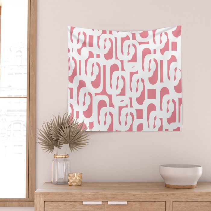 Mid Century Modern Loops Pattern in White on Pink Wall Tapestry Gallery Image 2