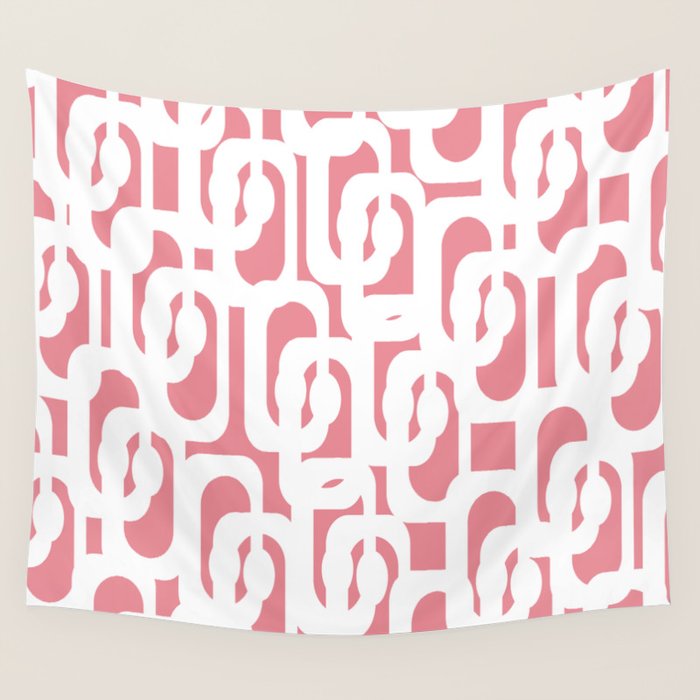 Mid Century Modern Loops Pattern in White on Pink Wall Tapestry Gallery Image 1