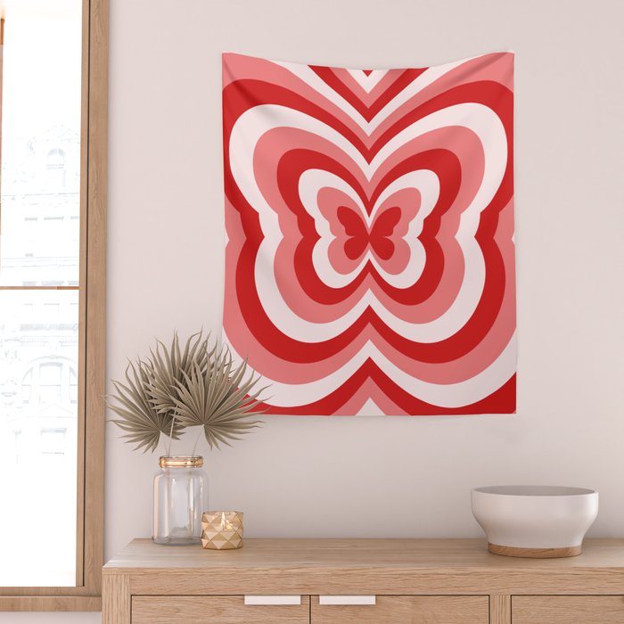Retro 70s Butterfly in Red Wall Tapestry Gallery Image 2