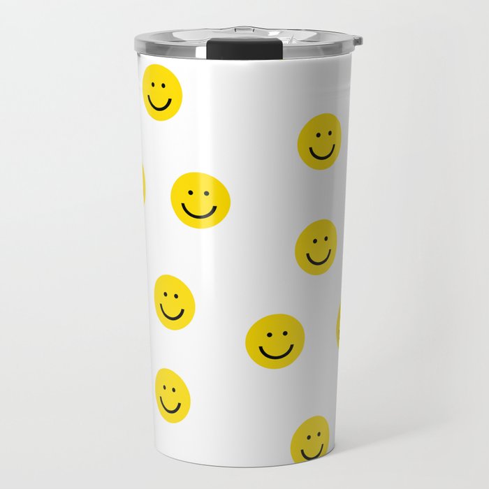 Smiley faces white yellow happy simple smiley pattern smile face kids nursery boys girls decor Travel Mug Gallery Image 1