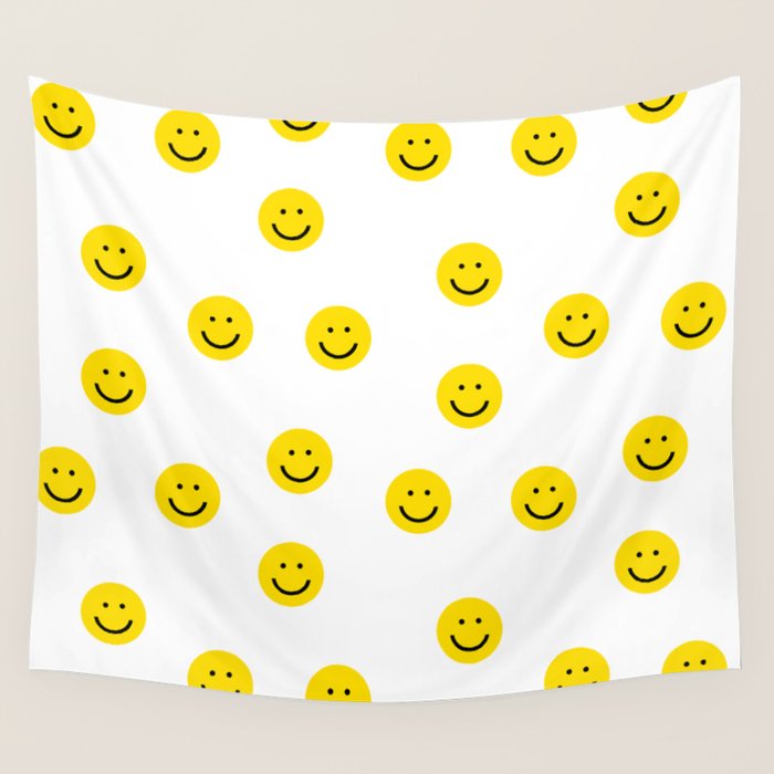 Smiley faces white yellow happy simple smiley pattern smile face kids nursery boys girls decor Wall Tapestry Gallery Image 1