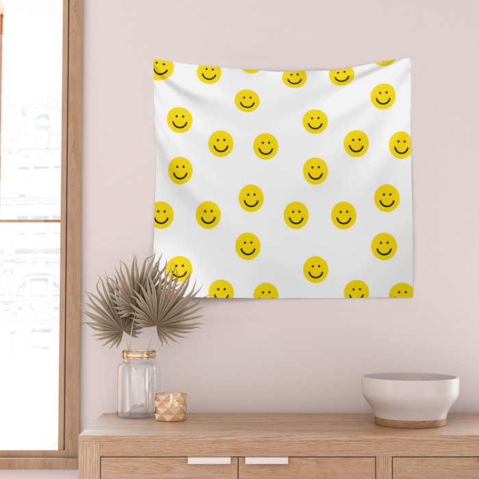 Smiley faces white yellow happy simple smiley pattern smile face kids nursery boys girls decor Wall Tapestry Gallery Image 2