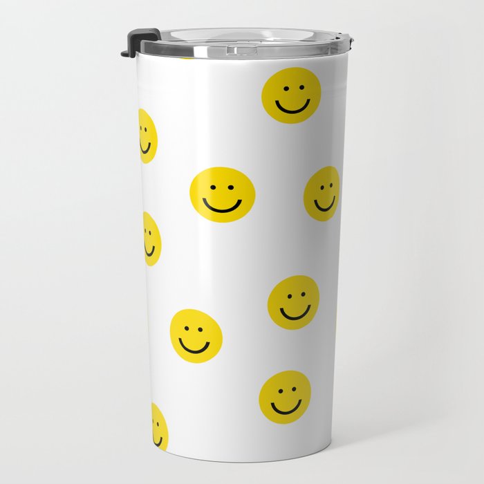 Smiley faces white yellow happy simple smiley pattern smile face kids nursery boys girls decor Travel Mug Gallery Image 3