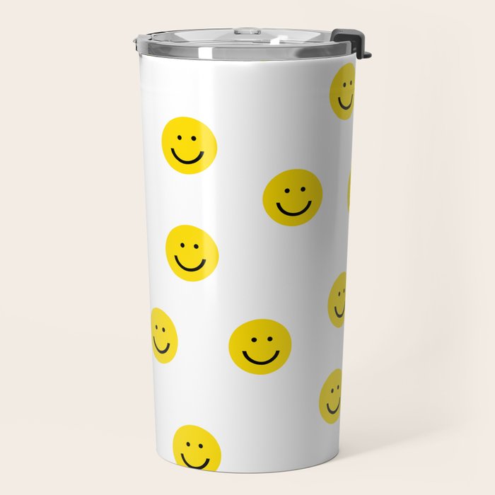 Smiley faces white yellow happy simple smiley pattern smile face kids nursery boys girls decor Travel Mug Gallery Image 2