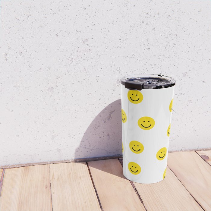 Smiley faces white yellow happy simple smiley pattern smile face kids nursery boys girls decor Travel Mug Gallery Image 4