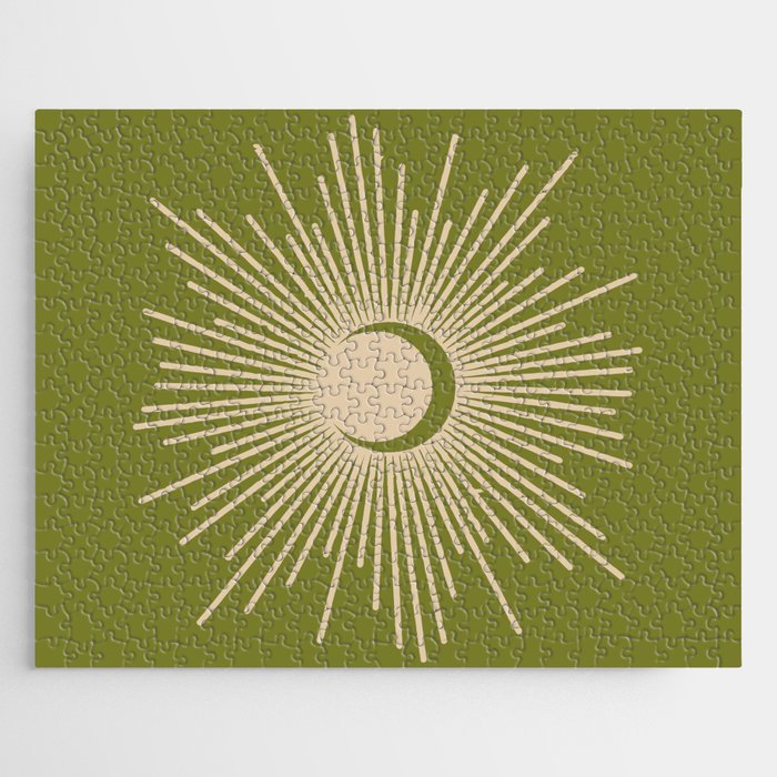 Sun and Moon 2 - Mid Century Modern Minimalism in Mid Mod Olive Green and Beige Jigsaw Puzzle Gallery Image 1