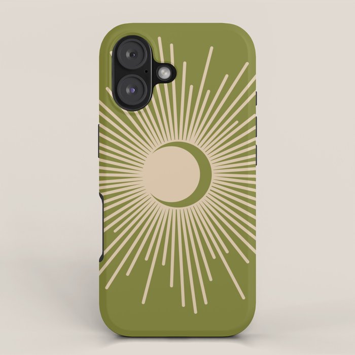 Sun and Moon 2 - Mid Century Modern Minimalism in Mid Mod Olive Green and Beige iPhone Case Gallery Image 1