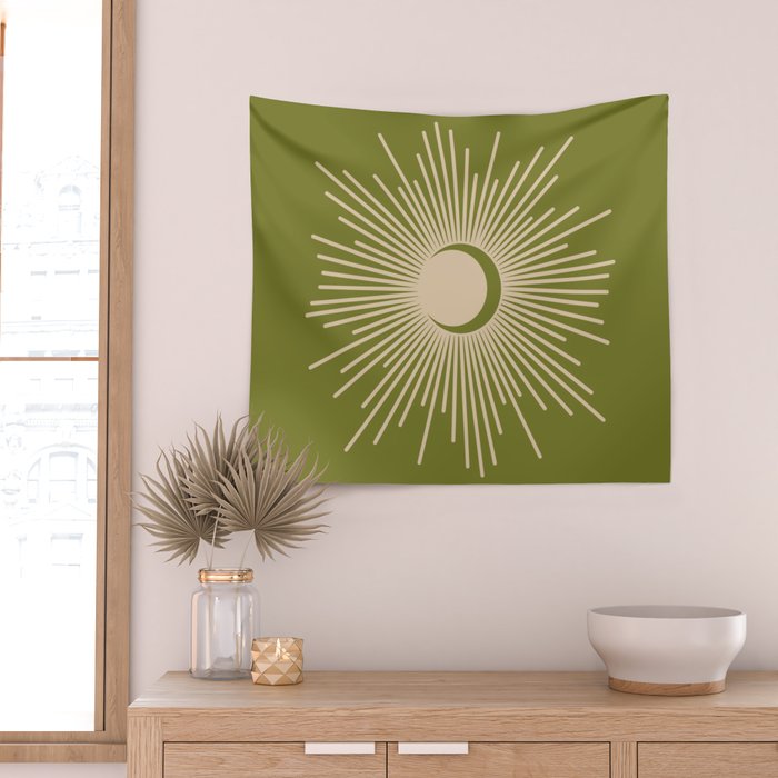 Sun and Moon 2 - Mid Century Modern Minimalism in Mid Mod Olive Green and Beige Wall Tapestry Gallery Image 2