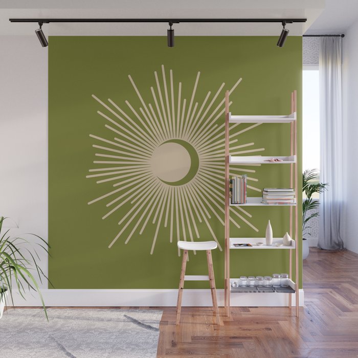 Sun and Moon 2 - Mid Century Modern Minimalism in Mid Mod Olive Green and Beige Wall Mural Gallery Image 1