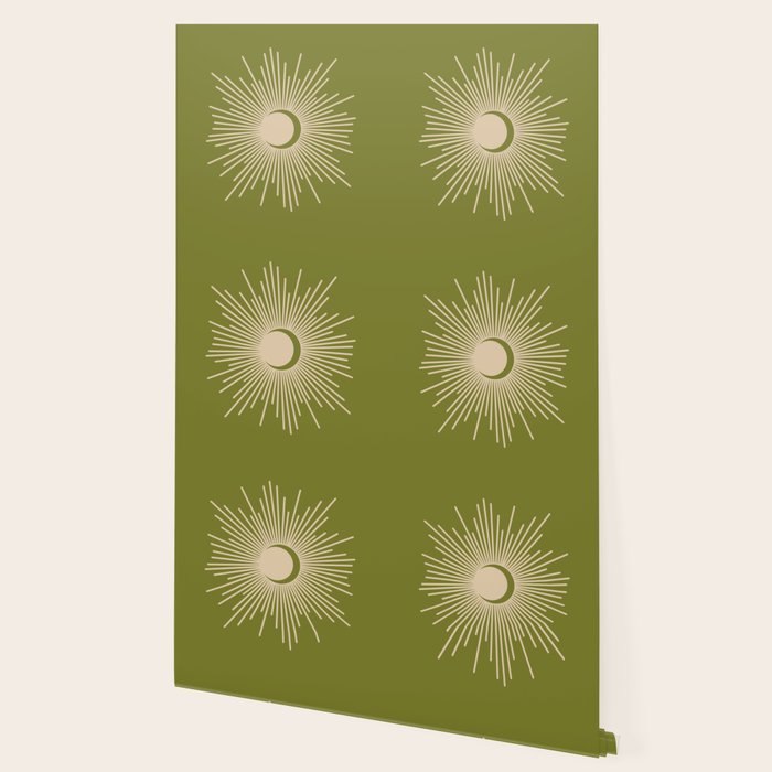 Sun and Moon 2 - Mid Century Modern Minimalism in Mid Mod Olive Green and Beige Wallpaper Gallery Image 2