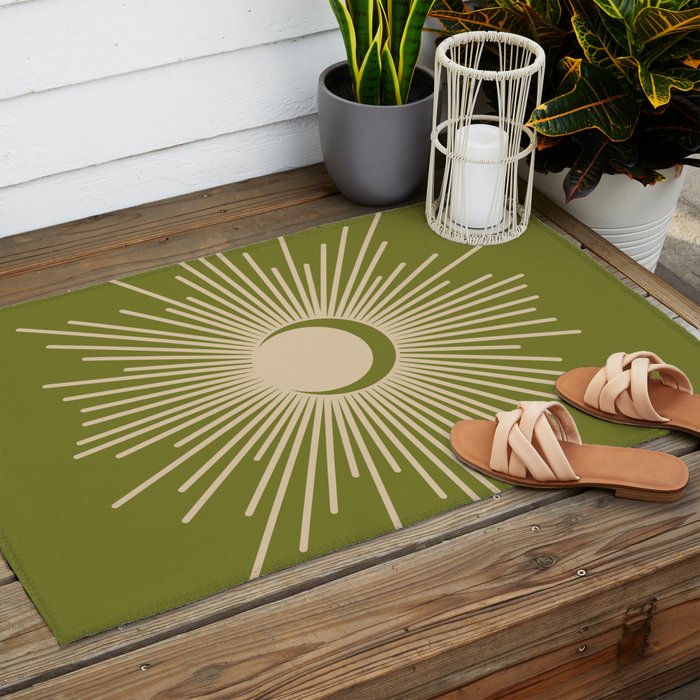 Sun and Moon 2 - Mid Century Modern Minimalism in Mid Mod Olive Green and Beige Outdoor Rug Gallery Image 2