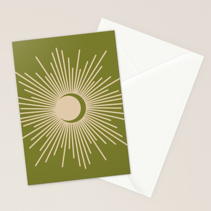 Sun and Moon 2 - Mid Century Modern Minimalism in Mid Mod Olive Green and Beige Stationery Card Gallery Image 2