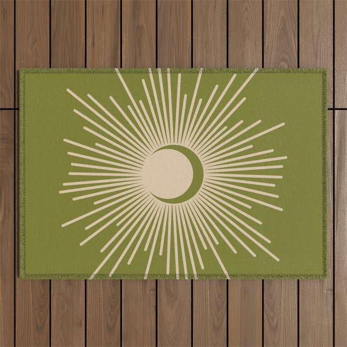 Sun and Moon 2 - Mid Century Modern Minimalism in Mid Mod Olive Green and Beige Outdoor Rug Gallery Image 1