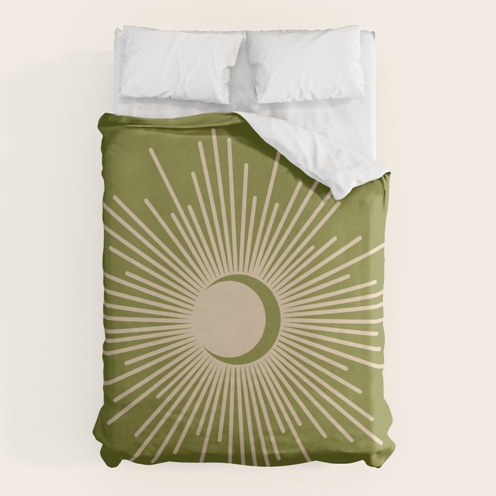Sun and Moon 2 - Mid Century Modern Minimalism in Mid Mod Olive Green and Beige Duvet Cover Gallery Image 6