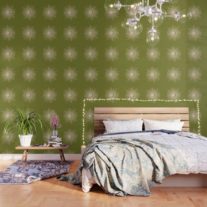 Sun and Moon 2 - Mid Century Modern Minimalism in Mid Mod Olive Green and Beige Wallpaper Gallery Image 3