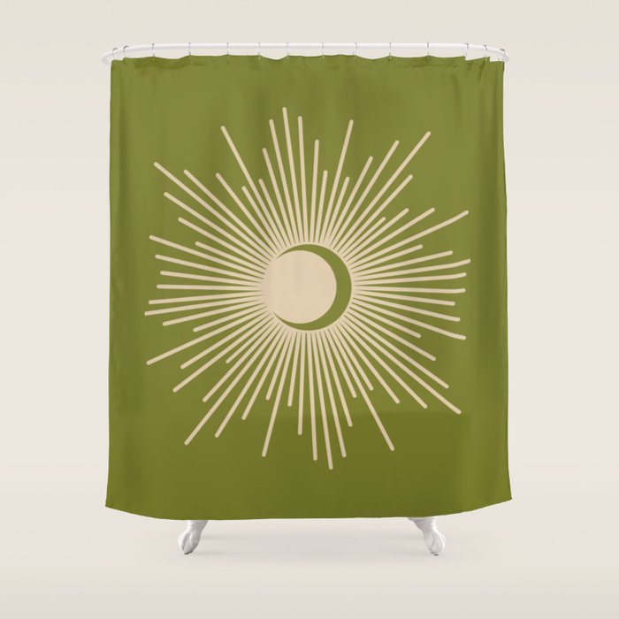 Sun and Moon 2 - Mid Century Modern Minimalism in Mid Mod Olive Green and Beige Shower Curtain Gallery Image 1