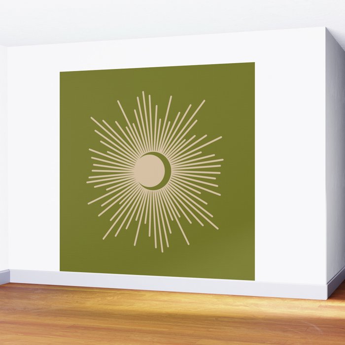 Sun and Moon 2 - Mid Century Modern Minimalism in Mid Mod Olive Green and Beige Wall Mural Gallery Image 2