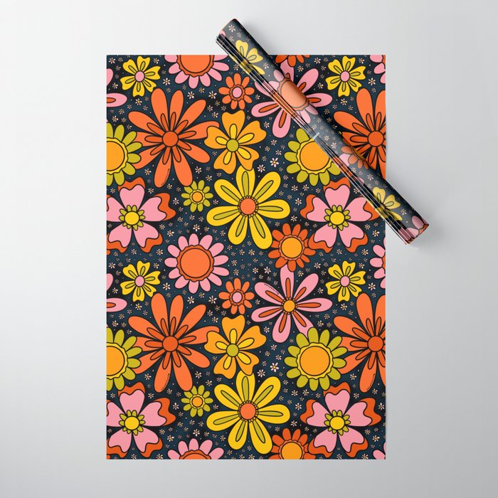 Groovy Flowers in Navy Wrapping Paper Gallery Image 1