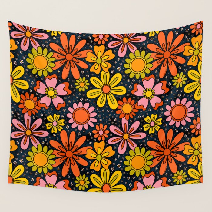 Groovy Flowers in Navy Wall Tapestry Gallery Image 1