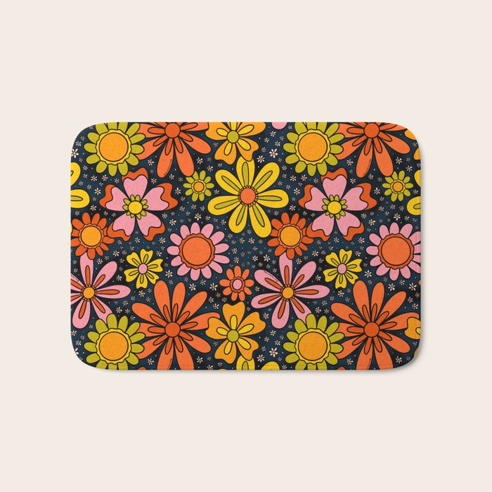 Groovy Flowers in Navy Bath Mat Gallery Image 1