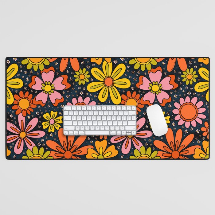 Groovy Flowers in Navy Desk Mat Gallery Image 1
