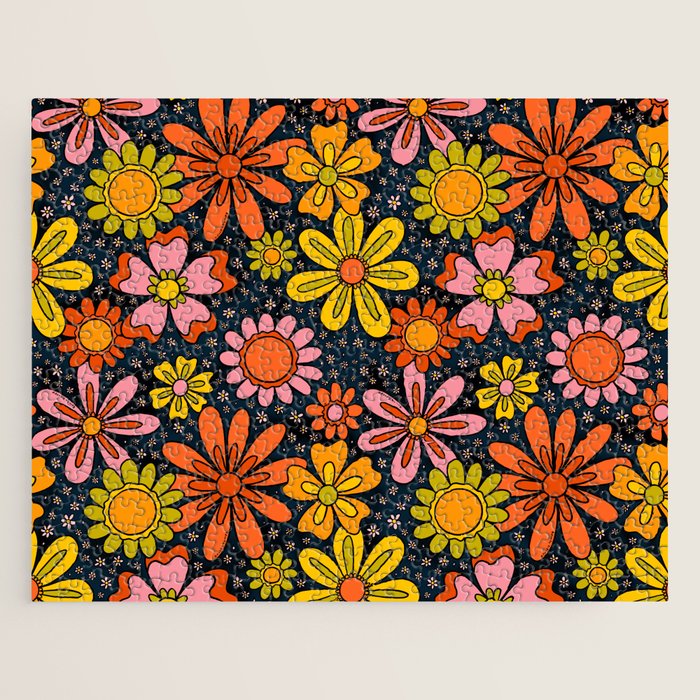 Groovy Flowers in Navy Jigsaw Puzzle Gallery Image 1