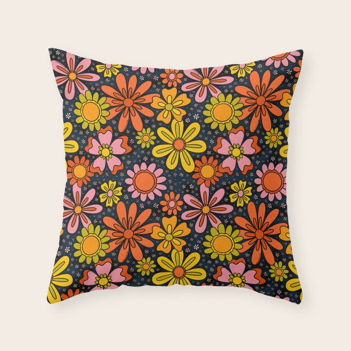 Groovy Flowers in Navy Throw Pillow Gallery Image 6
