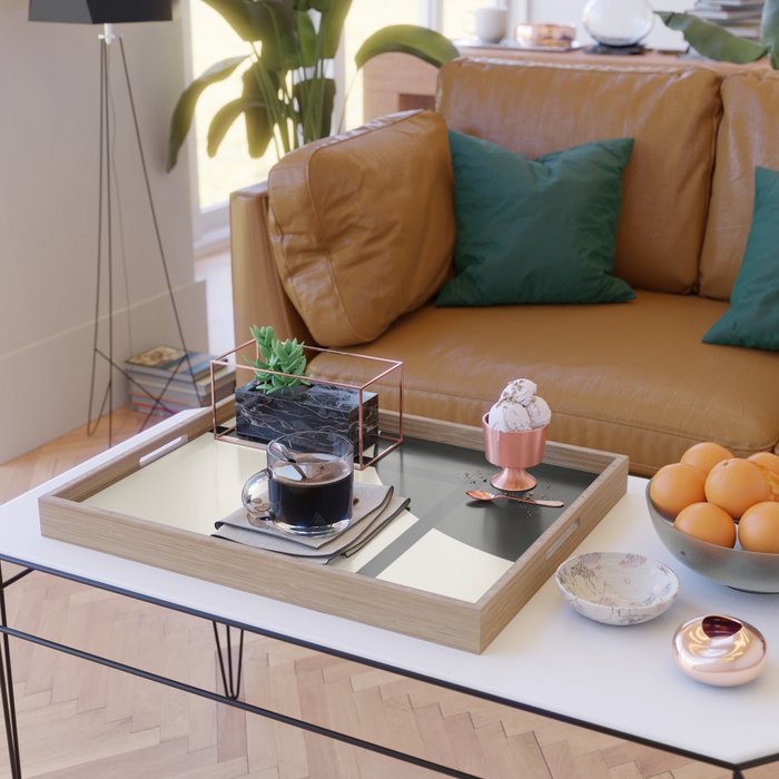 Fusion - Minimalist Geometric in Black and Almond Cream Serving Tray Gallery Image 2