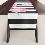 Black white blush pink watercolor floral stripes Table Runner Gallery Image 1