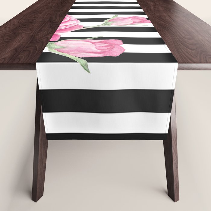 Black white blush pink watercolor floral stripes Table Runner Gallery Image 1