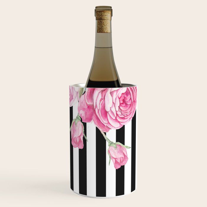 Black white blush pink watercolor floral stripes Wine Chiller Gallery Image 2