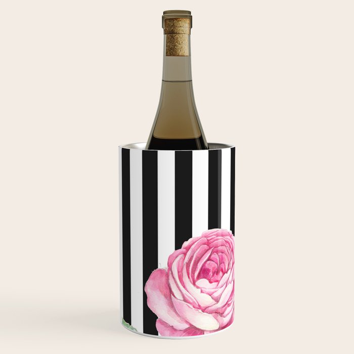 Black white blush pink watercolor floral stripes Wine Chiller Gallery Image 3
