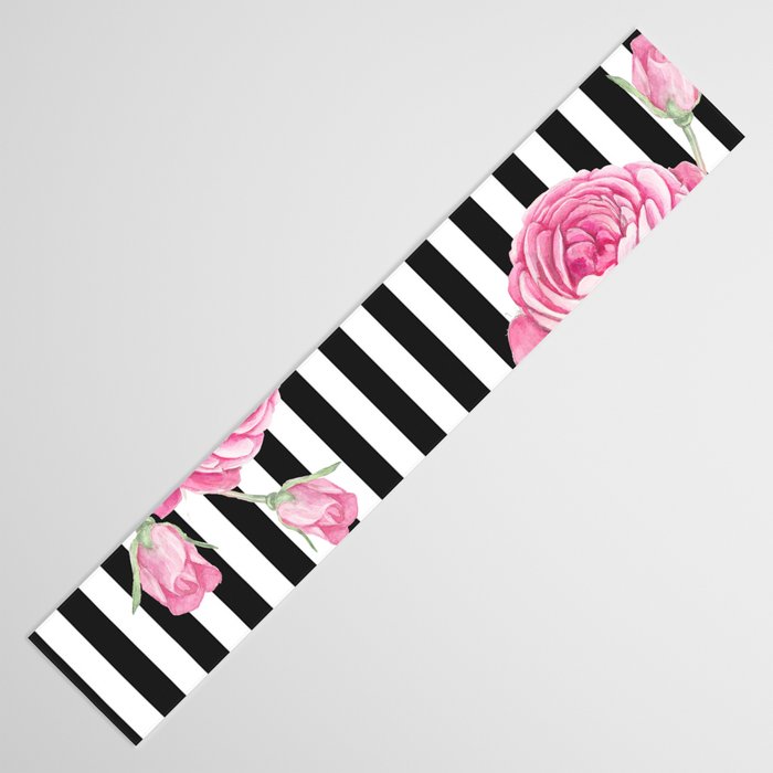 Black white blush pink watercolor floral stripes Table Runner Gallery Image 3