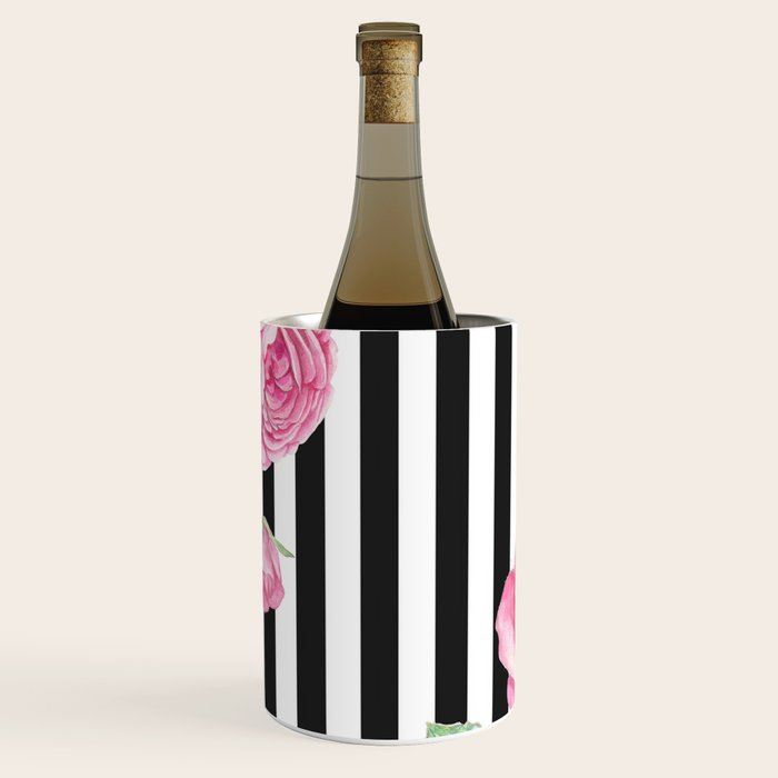 Black white blush pink watercolor floral stripes Wine Chiller Gallery Image 1